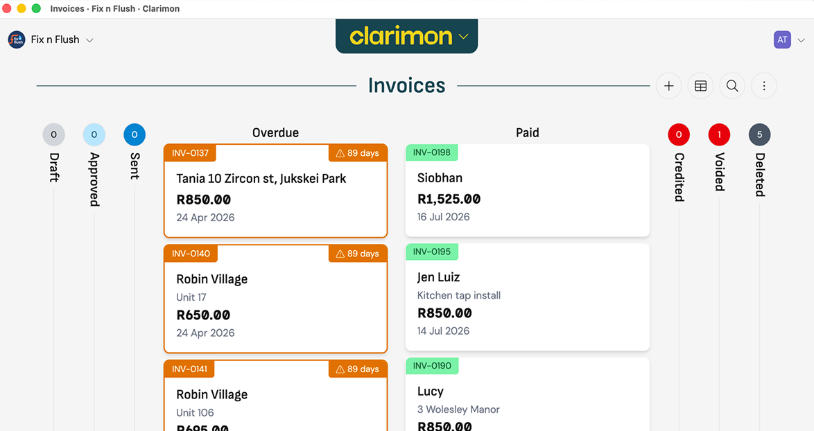 Clarimon dashboard showing cash available and upcoming money in and out in plain language